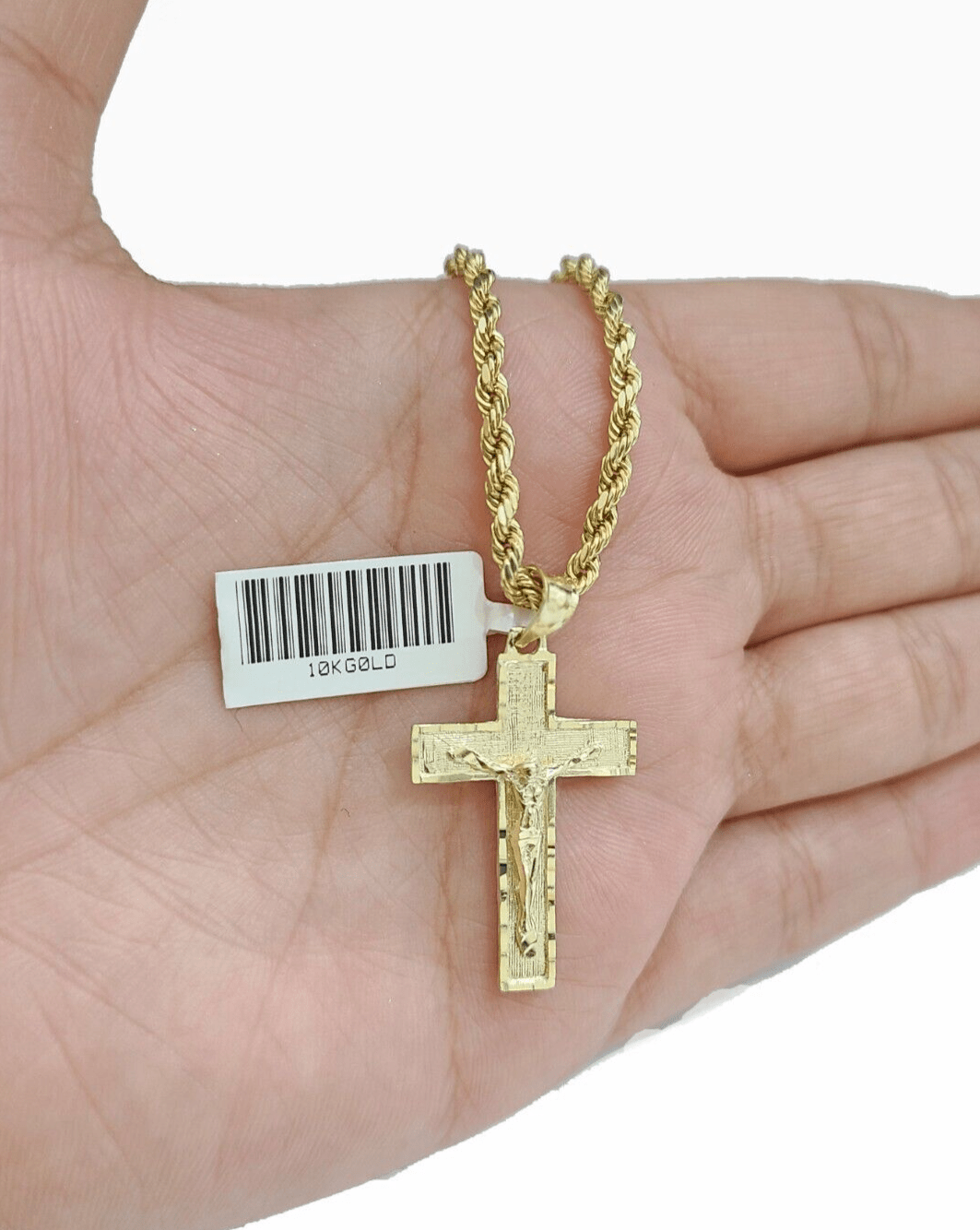 Real 10k Yellow Gold Jesus Cross Charm Rope Chain Necklace 3mm 22'' Pendant 10kt - GoldenlinQ